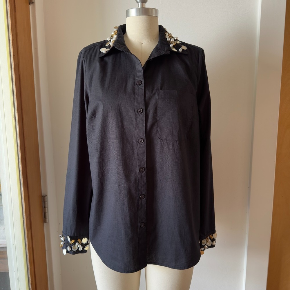NWOT Anthropologie Maeve Long-Sleeve Embellished Button Down Shirt-Black-Sz 4